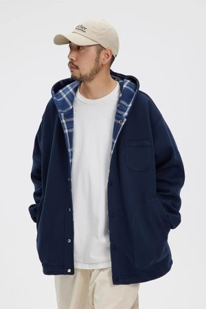 Japanese-Style Retro Plaid Cardigan Jacket for Men and Women, Casual Loose Hooded Sweatshirt for Spring and Autumn