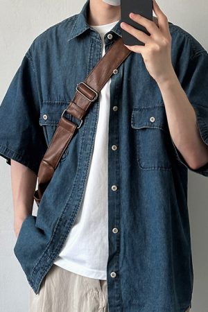 Japanese-Style Retro Solid Color Multi-Pocket Denim Short Sleeve Shirt for Men and Women - Loose Casual Summer Workwear