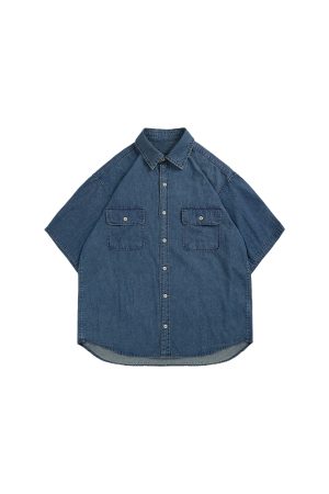 Japanese-Style Retro Solid Color Multi-Pocket Denim Short Sleeve Shirt for Men and Women - Loose Casual Summer Workwear