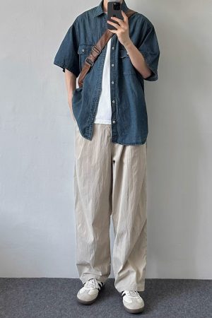 Japanese-Style Retro Solid Color Multi-Pocket Denim Short Sleeve Shirt for Men and Women - Loose Casual Summer Workwear