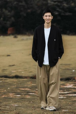 Japanese-Style Retro Solid Color V-Neck Cardigan Sweater for Men & Women - Casual Knitted Jacket, Autumn City Boy Aesthetic