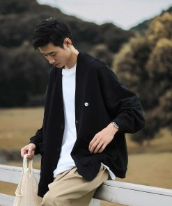 Japanese-Style Retro Solid Color V-Neck Cardigan Sweater for Men & Women - Casual Knitted Jacket, Autumn City Boy Aesthetic
