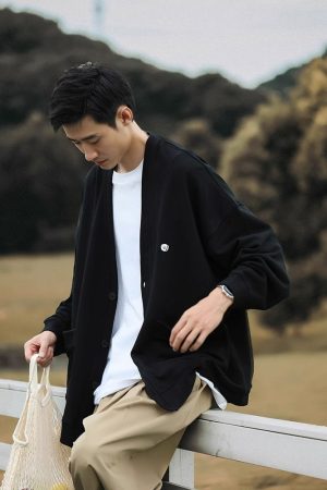 Japanese-Style Retro Solid Color V-Neck Cardigan Sweater for Men & Women - Casual Knitted Jacket, Autumn City Boy Aesthetic