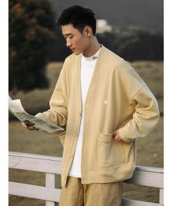 Japanese-Style Retro Solid Color V-Neck Cardigan Sweater for Men & Women - Casual Knitted Jacket, Autumn City Boy Aesthetic