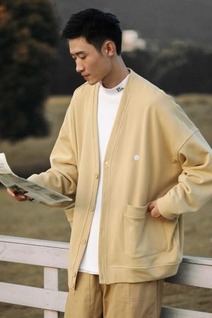 Japanese-Style Retro Solid Color V-Neck Cardigan Sweater for Men & Women - Casual Knitted Jacket, Autumn City Boy Aesthetic