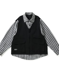Japanese-Style Retro Striped Faux Two-Piece Work Shirt Jacket for Men and Women, Spring Autumn College Style Loose Fit