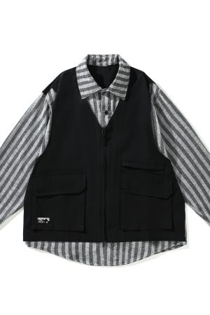 Japanese-Style Retro Striped Faux Two-Piece Work Shirt Jacket for Men and Women, Spring Autumn College Style Loose Fit