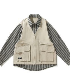 Japanese-Style Retro Striped Faux Two-Piece Work Shirt Jacket for Men and Women, Spring Autumn College Style Loose Fit