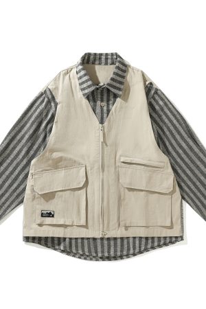 Japanese-Style Retro Striped Faux Two-Piece Work Shirt Jacket for Men and Women, Spring Autumn College Style Loose Fit