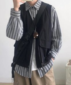 Japanese-Style Retro Striped Faux Two-Piece Work Shirt Jacket for Men and Women, Spring Autumn College Style Loose Fit