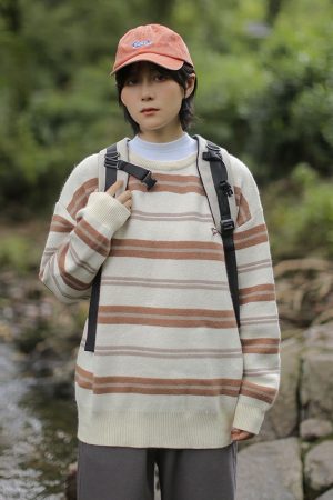 Japanese-Style Retro Striped Sweater for Men and Women, Loose Fit Cityboy Pullover Knit Jacket for Autumn and Winter