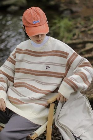 Japanese-Style Retro Striped Sweater for Men and Women, Loose Fit Cityboy Pullover Knit Jacket for Autumn and Winter