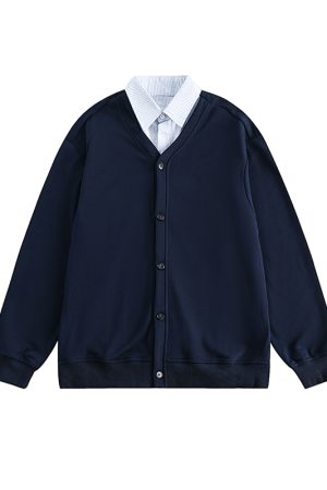 Japanese-Style Retro Two-Piece Shirt Collar Cardigan Sweatshirt for Men and Women - Loose Casual Couple Jacket for Spring and Autumn