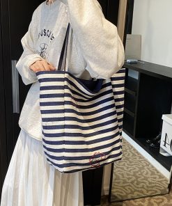 Japanese-Style Striped Canvas Tote Bag for Women - Large Capacity Shopping Bag for Travel and Commuting, 2025 Design
