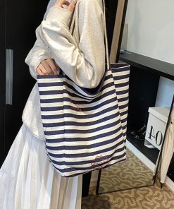 Japanese-Style Striped Canvas Tote Bag for Women - Large Capacity Shopping Bag for Travel and Commuting, 2025 Design