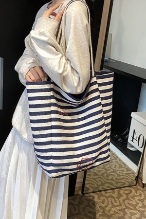Japanese-Style Striped Canvas Tote Bag for Women - Large Capacity Shopping Bag for Travel and Commuting, 2025 Design