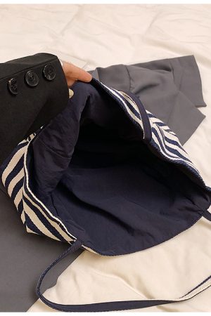 Japanese-Style Striped Canvas Tote Bag for Women - Large Capacity Shopping Bag for Travel and Commuting, 2025 Design