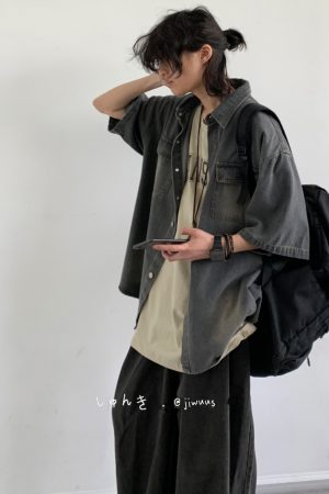 Japanese-Style Vintage Washed Denim Short Sleeve Shirt Jacket for Men and Women - Retro Multi-Pocket Workwear Trend