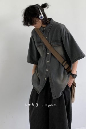 Japanese-Style Vintage Washed Denim Short Sleeve Shirt Jacket for Men and Women - Retro Multi-Pocket Workwear Trend