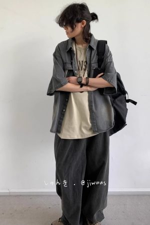 Japanese-Style Vintage Washed Denim Short Sleeve Shirt Jacket for Men and Women - Retro Multi-Pocket Workwear Trend