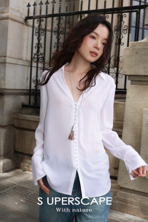 Japanese Triacetate V-Neck Shirt - Cool Feel, Smooth Skin, Slimming Multi-Button Design