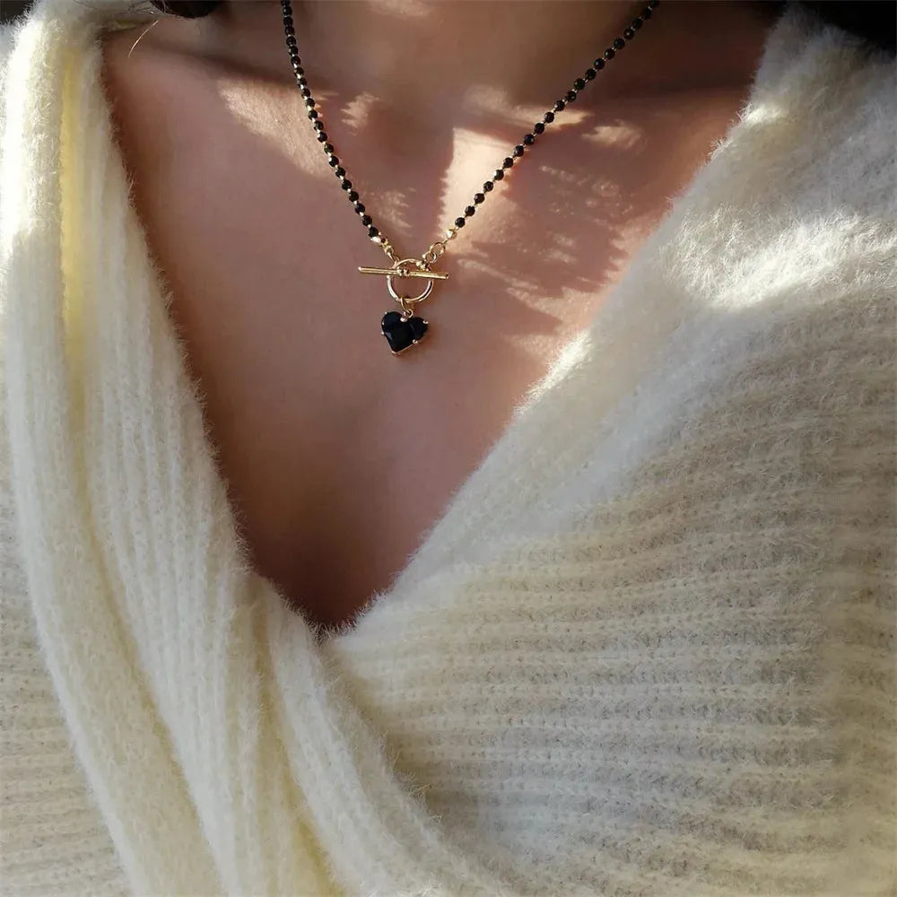 Jeans And Denim, City Fashion Aesthetic - Heart Toggle Clasp Beaded Necklace Jeans And Denim, City Fashion Aesthetic - Heart Toggle Clasp Beaded Necklace