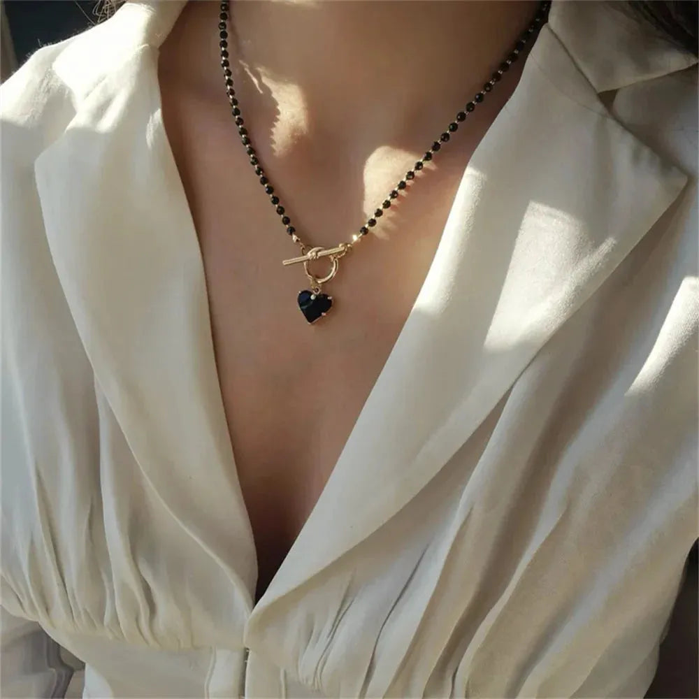 Jeans And Denim, City Fashion Aesthetic - Heart Toggle Clasp Beaded Necklace Jeans And Denim, City Fashion Aesthetic - Heart Toggle Clasp Beaded Necklace