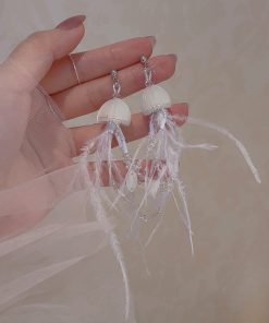 Jellyfish Pink Feather Tassel Earrings for Women - Long Seaside Vacation Style, Flattering Design for a Unique Look