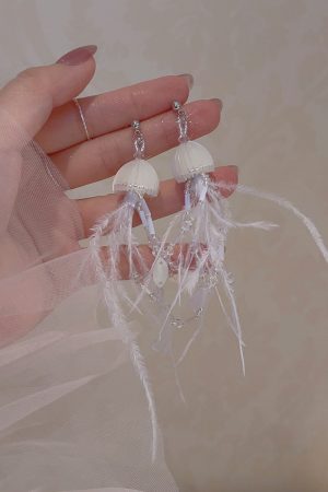 Jellyfish Pink Feather Tassel Earrings for Women - Long Seaside Vacation Style, Flattering Design for a Unique Look