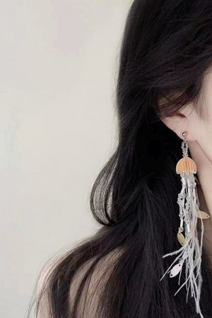 Jellyfish Pink Feather Tassel Earrings for Women - Long Seaside Vacation Style, Flattering Design for a Unique Look