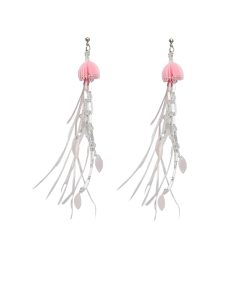 Jellyfish Pink Feather Tassel Earrings for Women - Long Seaside Vacation Style, Flattering Design for a Unique Look