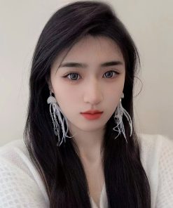 Jellyfish Pink Feather Tassel Earrings for Women - Long Seaside Vacation Style, Flattering Design for a Unique Look