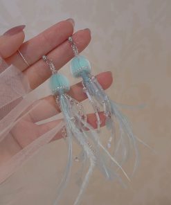 Jellyfish Pink Feather Tassel Earrings for Women - Long Seaside Vacation Style, Flattering Design for a Unique Look