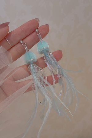 Jellyfish Pink Feather Tassel Earrings for Women - Long Seaside Vacation Style, Flattering Design for a Unique Look