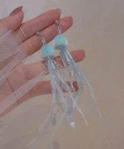 Jellyfish Pink Feather Tassel Earrings for Women - Long Seaside Vacation Style, Flattering Design for a Unique Look