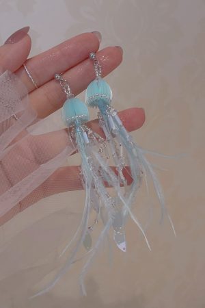 Jellyfish Pink Feather Tassel Earrings for Women - Long Seaside Vacation Style, Flattering Design for a Unique Look