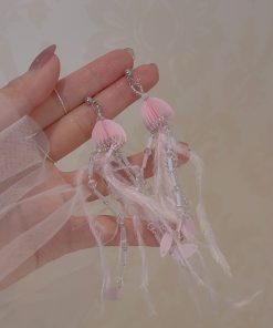 Jellyfish Pink Feather Tassel Earrings for Women - Long Seaside Vacation Style, Flattering Design for a Unique Look