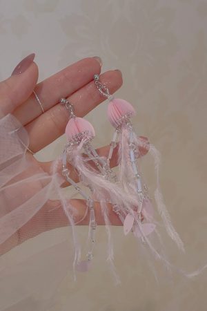 Jellyfish Pink Feather Tassel Earrings for Women - Long Seaside Vacation Style, Flattering Design for a Unique Look