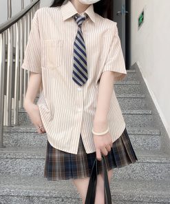 JK Striped Long Sleeve and Short Sleeve Shirt for Women, Pudding Bear Design, Japanese Style Autumn Top, 2025 Spring Fashion