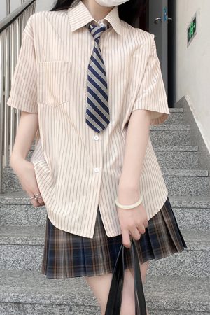 JK Striped Long Sleeve and Short Sleeve Shirt for Women, Pudding Bear Design, Japanese Style Autumn Top, 2025 Spring Fashion