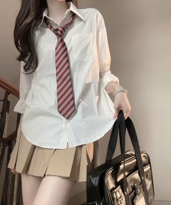 JK Striped Long Sleeve and Short Sleeve Shirt for Women, Pudding Bear Design, Japanese Style Autumn Top, 2025 Spring Fashion