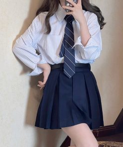JK Striped Long Sleeve and Short Sleeve Shirt for Women, Pudding Bear Design, Japanese Style Autumn Top, 2025 Spring Fashion