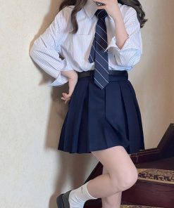 JK Striped Long Sleeve and Short Sleeve Shirt for Women, Pudding Bear Design, Japanese Style Autumn Top, 2025 Spring Fashion