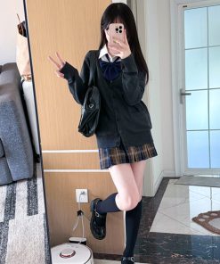 JK Uniform Long Sleeve Knitted Cardigan Sweater in Dark Gray and Yellow - College Style Pudding Bear 2025 Fashion