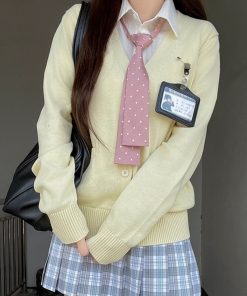 JK Uniform Long Sleeve Knitted Cardigan Sweater in Dark Gray and Yellow - College Style Pudding Bear 2025 Fashion