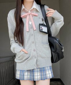JK Uniform Long Sleeve Knitted Cardigan Sweater in Dark Gray and Yellow - College Style Pudding Bear 2025 Fashion
