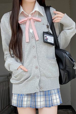 JK Uniform Long Sleeve Knitted Cardigan Sweater in Dark Gray and Yellow - College Style Pudding Bear 2025 Fashion