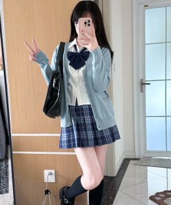 JK Uniform Long Sleeve Knitted Cardigan Sweater in Dark Gray and Yellow - College Style Pudding Bear 2025 Fashion