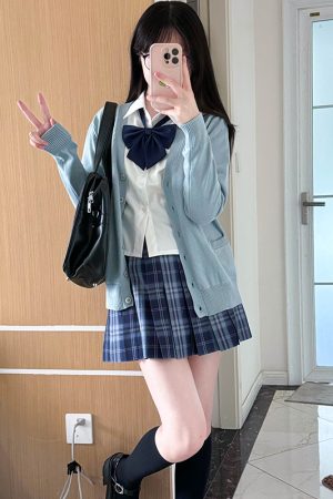 JK Uniform Long Sleeve Knitted Cardigan Sweater in Dark Gray and Yellow - College Style Pudding Bear 2025 Fashion