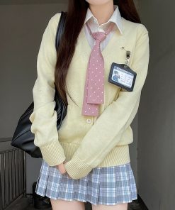 JK Uniform Long Sleeve Knitted Cardigan Sweater in Dark Gray and Yellow - College Style Pudding Bear 2025 Fashion